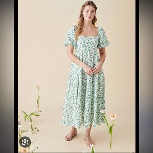 Hill House x La Coqueta Matilda Green Floral Square-Neck Maxi Dress XS